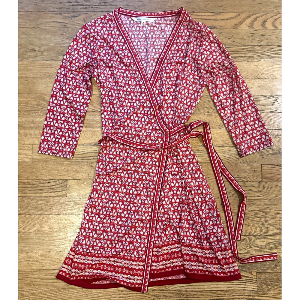 Max Studio Red & White Boho Floral Print Wrap Dress Size Medium M
